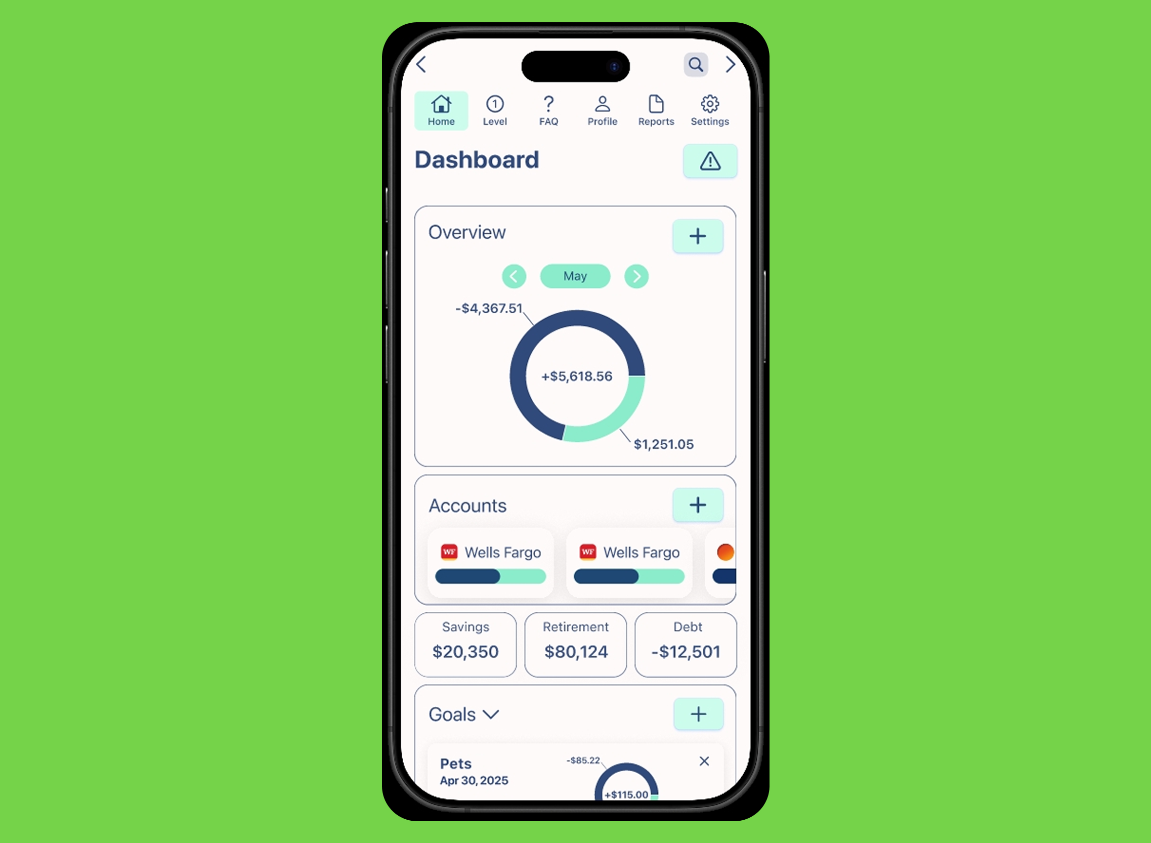 Budget App dashboard on an iPhone — donut chart showing income vs expenses, linked bank accounts, savings and retirement totals, and budget goals on a green background